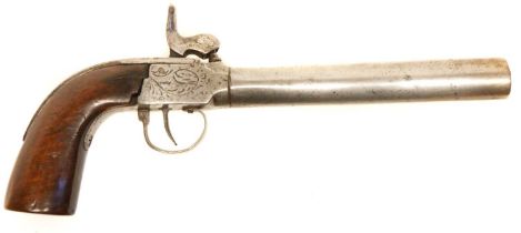 Large Belgian Manstopper percussion pistol, 6 inch .750 musket bore barrel, scroll engraved