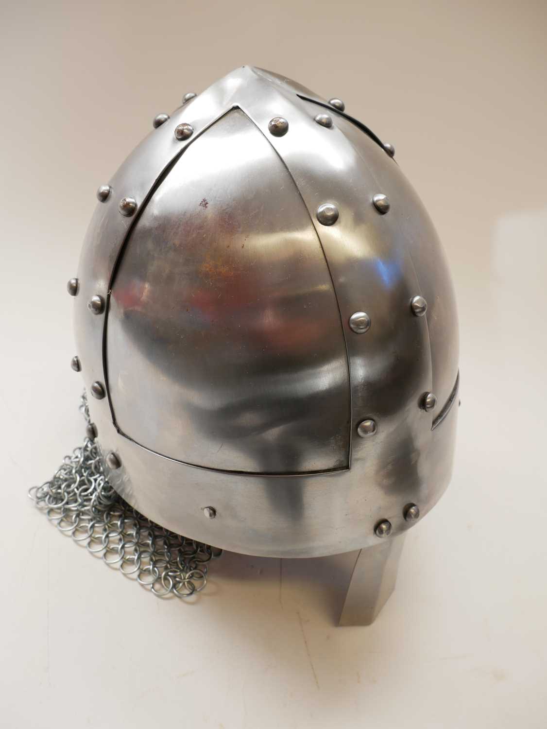 Medieval re-enactors equipment, to include a Spangenhelm Nasal steel helmet with chain main back - Image 2 of 25