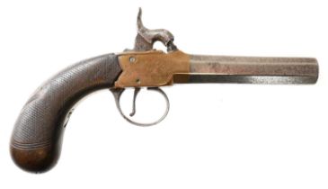 Percussion pocket pistol, with 60 bore octagonal 3 inch barrel, scroll engraved bronze boxlock