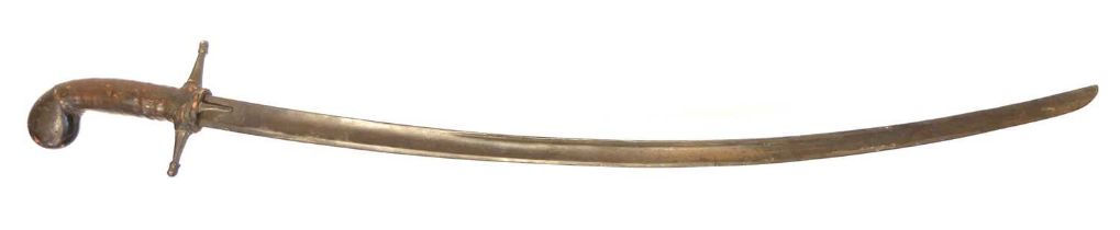 Turkish Ottoman Shamshir, curved single fuller blade, simple crossbar hilt and leather bound horn