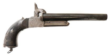 Belgian 24 bore double barrel pinfire pistol, with 6.5inch rifled barrels, scroll engraved boxlock