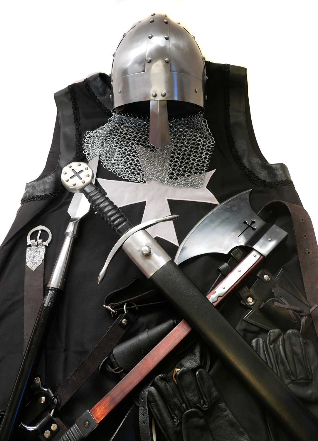 Medieval re-enactors equipment, to include a Spangenhelm Nasal steel helmet with chain main back