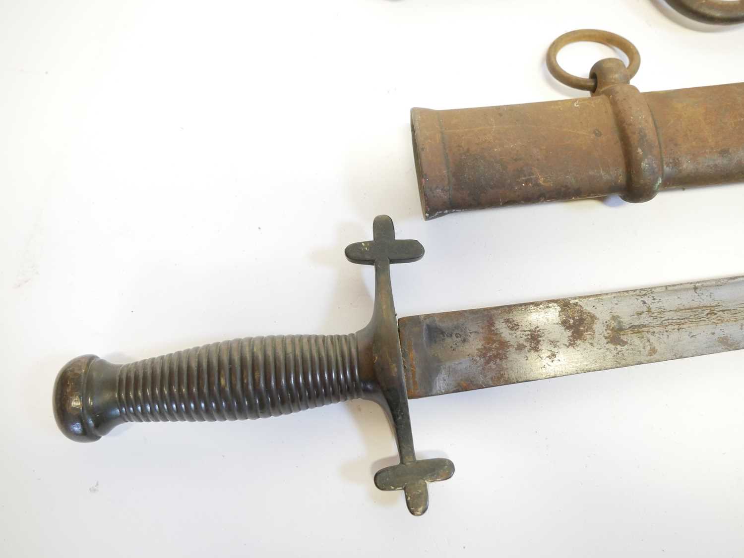 French Chassepot M.1866 pattern bayonet and scabbard, with 1868 spine date, also an infantry sabre - Image 3 of 11