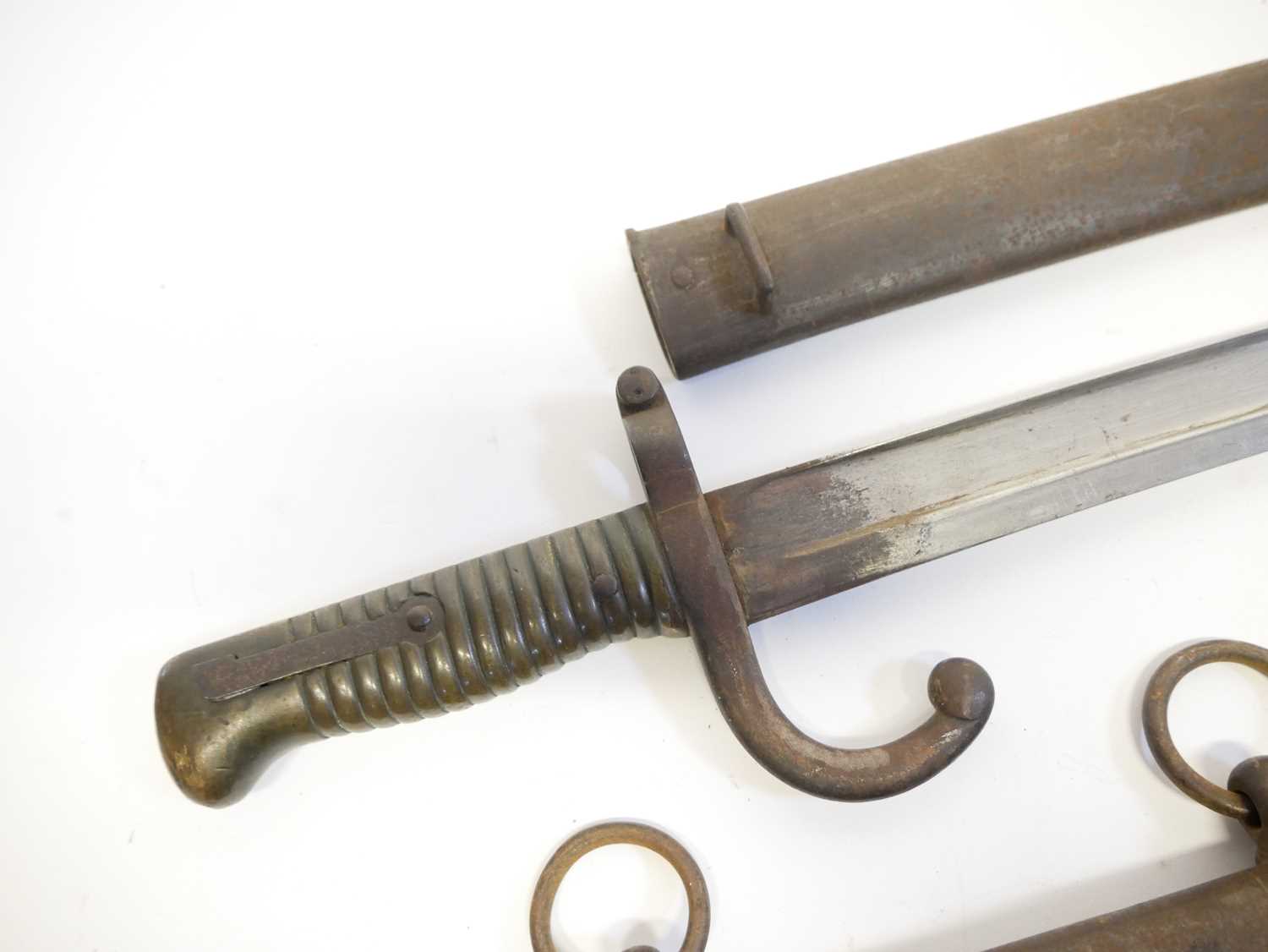 French Chassepot M.1866 pattern bayonet and scabbard, with 1868 spine date, also an infantry sabre - Image 7 of 11