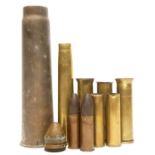 Inert shell cases and rounds, to include two 1918 dated SP255 rounds, British 1917 fuse head, 1936