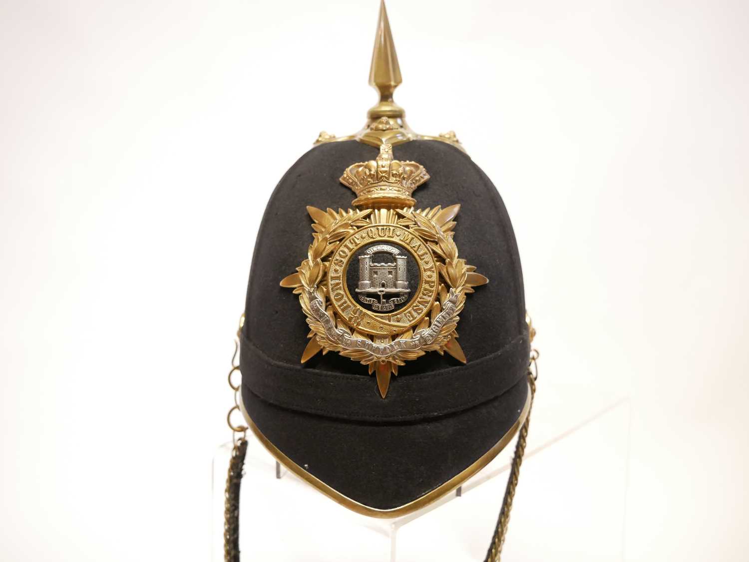 Victorian blue cloth helmet, with The Suffolk Regiment badge, retailed by Hawkes and Co. with ' - Image 6 of 17