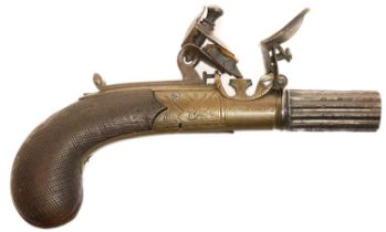 Flintlock pocket pistol by Rawlins of London, 1.5inch fluted 100 bore turn off barrel, brass box