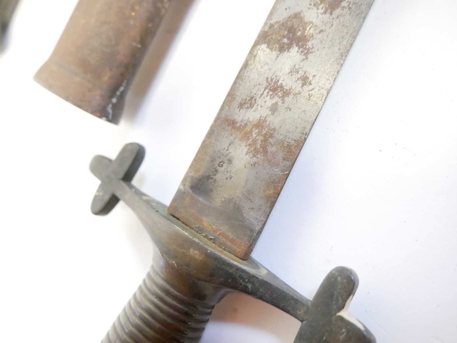 French Chassepot M.1866 pattern bayonet and scabbard, with 1868 spine date, also an infantry sabre - Image 4 of 11