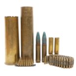 Collection of shells and inert ammunition, including two dummy 30mm rounds, and two empty cases, a