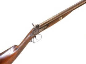 T. Ellis percussion 14 bore side by side shotgun, 32inch patterned Damascus barrels, underside