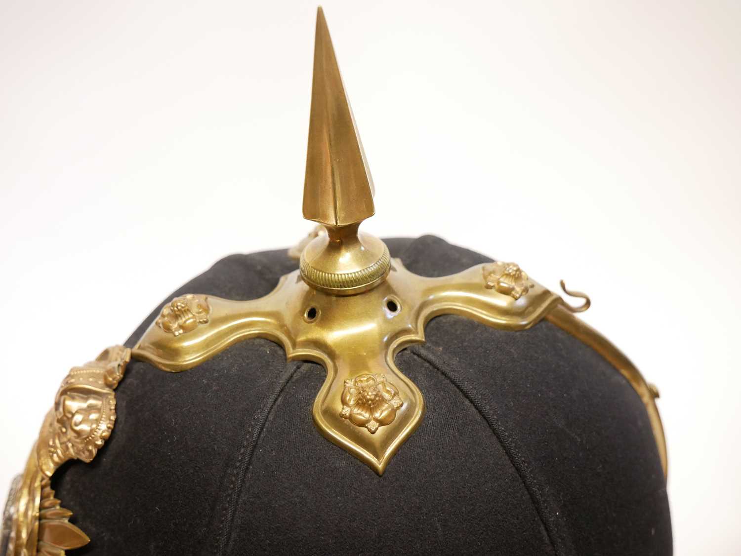 Victorian blue cloth helmet, with The Suffolk Regiment badge, retailed by Hawkes and Co. with ' - Image 9 of 17