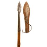 19th Century Indian pig-sticking spear with lead counterweight and leather blade sheath. 198cm