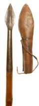 19th Century Indian pig-sticking spear with lead counterweight and leather blade sheath. 198cm