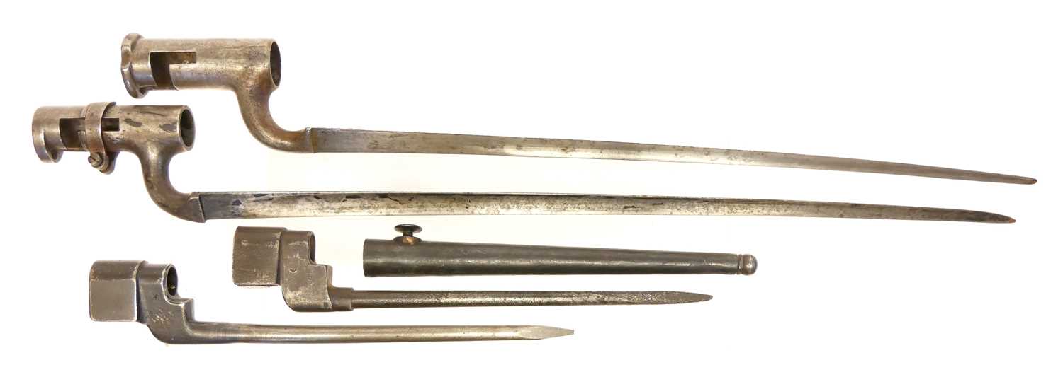 Four socket bayonets, to fit a Brown Bess, percussion Enfield rifle, and two for the No.4 Lee