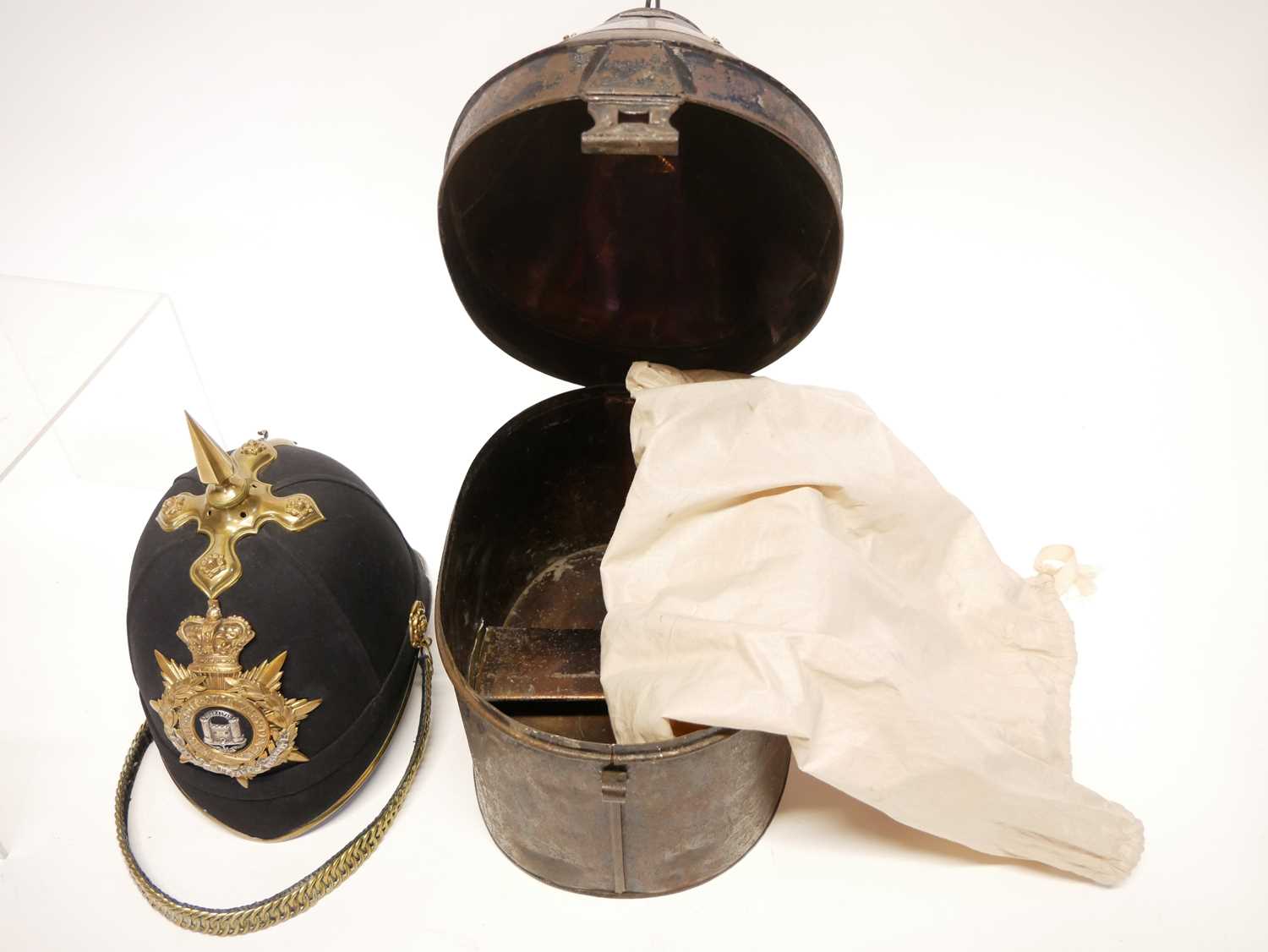 Victorian blue cloth helmet, with The Suffolk Regiment badge, retailed by Hawkes and Co. with ' - Image 17 of 17