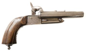 Belgian 64 bore double barrel pinfire pistol, with 4inch rifled barrels fitted with sliding pin