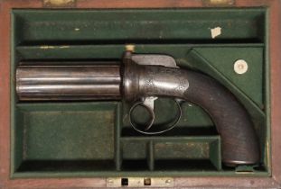 Cased William Pritchard 70 bore percussion pepper box pistol, six shot 4 inch cylinder with traces