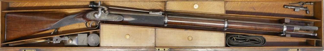 Cased Hollis and Sheath percussion .577 volunteer rifle, 36 inch barrel secured by three bands and