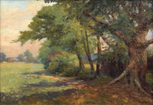 Owen Bowen R.O.I., P.R.Cam.A. (British 1873-1967) Rural landscape with trees