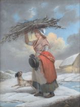 English School (19th century) Winter scene with lady collecting sticks with a dog