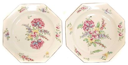 Pair of Bow octagonal plates painted with flowers