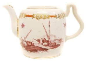 Bristol teapot base lacking cover painted with harbour scenes in puce