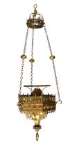 Late 19th century Gothic revival gilt brass hanging ecclesiastical lamp