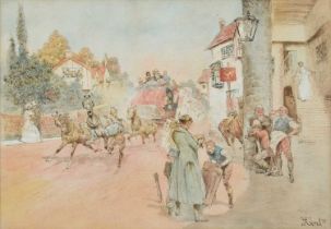 English School (19th/20th century) Village scene with passing stagecoach and figures