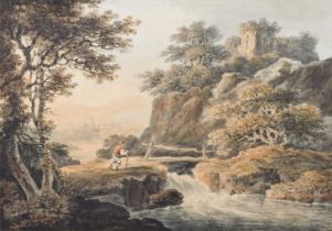 Dominic M. Serres (British fl.1778-1804) A Figure in a Landscape with a Ruin on a Hill