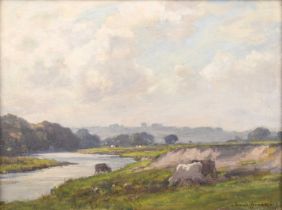 Owen Bowen R.O.I., P.R.Cam.A. (British 1873-1967) River landscape with cattle