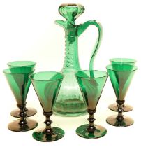 Victorian green cut glass claret jug and six glasses