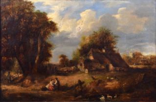 English School (19th century) Rural scene with cottage and figures