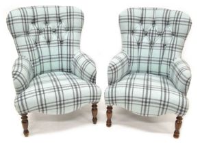 Pair of modern tartan upholstered button back armchairs