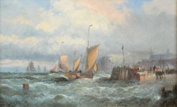 Hubert Thornley (British fl. 1859-1898) Coastal view with fishing boats in choppy waters