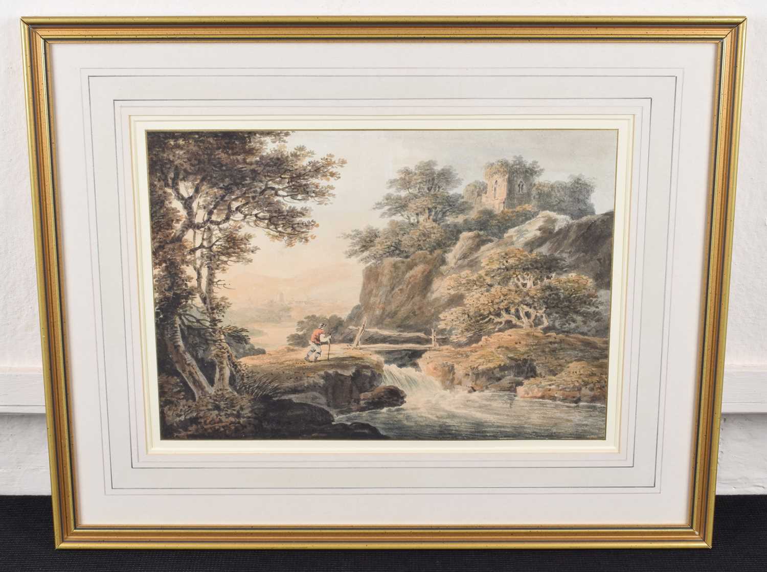 Dominic M. Serres (British fl.1778-1804) A Figure in a Landscape with a Ruin on a Hill - Image 2 of 2