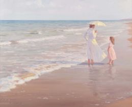 Felix Serra (Spanish 1941-) Mother and daughter on a beach