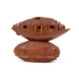 Chinese Olive Stone Hediao Carving of a Sampan on Stand