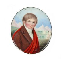 English School (early 19th century) Portrait of a boy wearing a red sash in front of a mountainous l