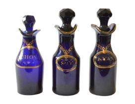 Three 19th Century Bristol Blue Glass Sauce or Condiment Bottles