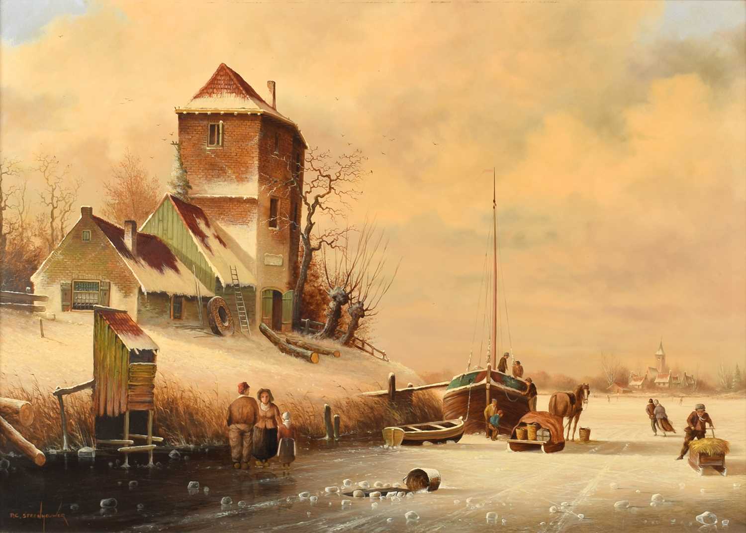 Pieter Cornelis Steenhouwer (Dutch 1896-1972) Frozen Dutch riverscape with skaters