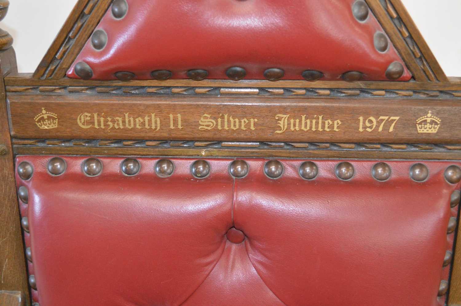 Elizabeth II Silver Jubilee 1977 Gothic Style Oak Throne Chair By Wood Bros. Ltd. - Image 2 of 6