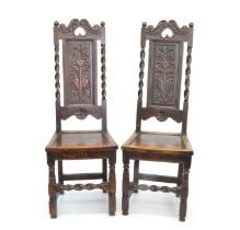 Pair of 17th Century and Later Oak Panel Back Side Chairs