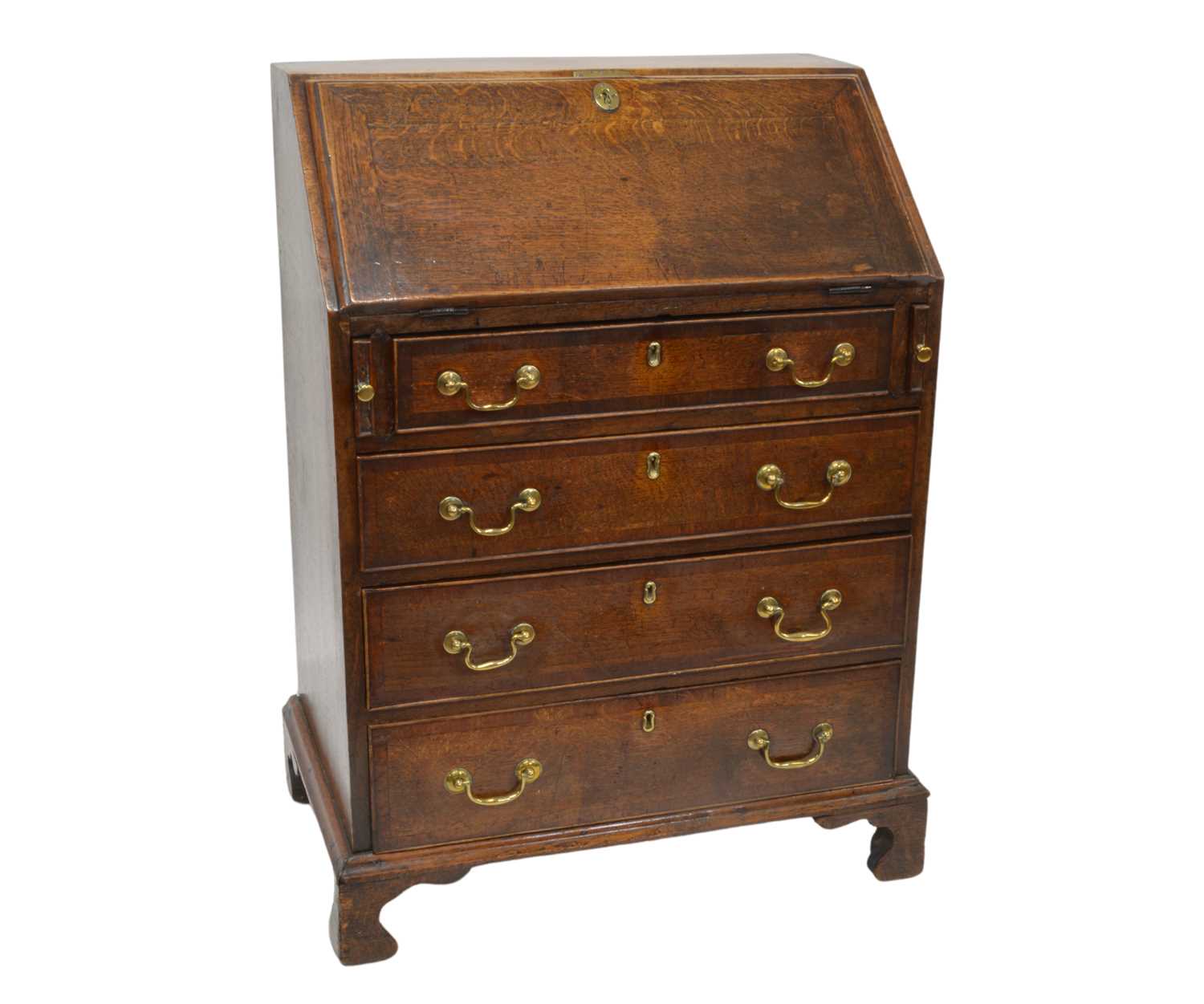 George III Oak and Mahogany Banded Bureau of Small Proportions