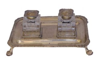 An Edward VII silver and clear glass inkwell,