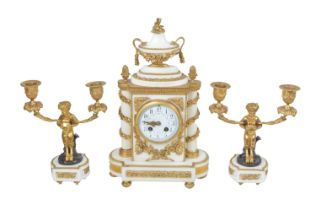 Late 19th Century French White Marble and Gilt Brass Clock Garniture