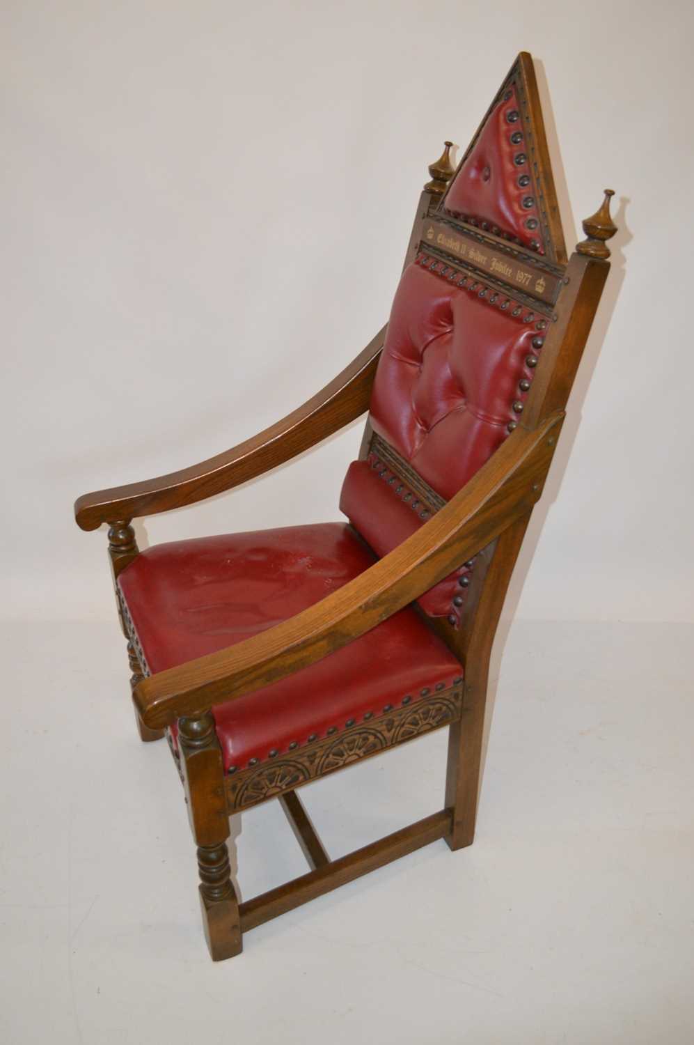 Elizabeth II Silver Jubilee 1977 Gothic Style Oak Throne Chair By Wood Bros. Ltd. - Image 3 of 6