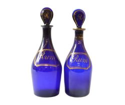 Two 19th Century Bristol Blue Glass Rum Decanter Bottles