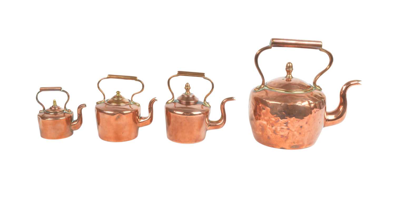 Matched Set of Four Graduated Miniature Copper Kettles