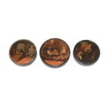 Three 19th Century Papier Mache Circular Snuff Boxes