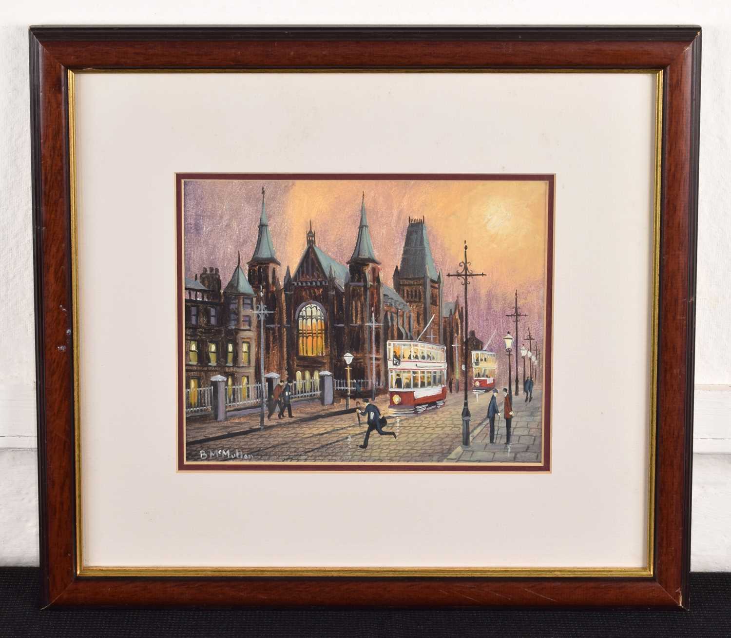 Bernard McMullen (British 1952-2015) Manchester street scene with figures and trams - Image 2 of 2